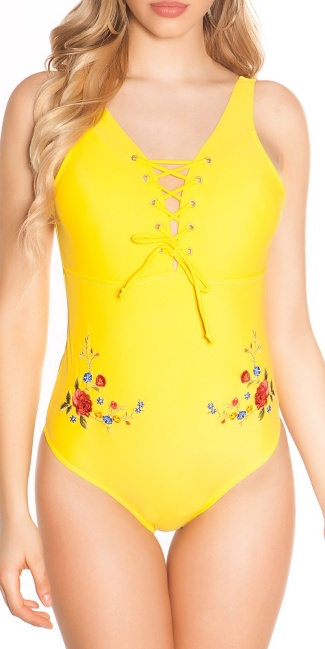 swimsuit with lacing and embroidery Yellow